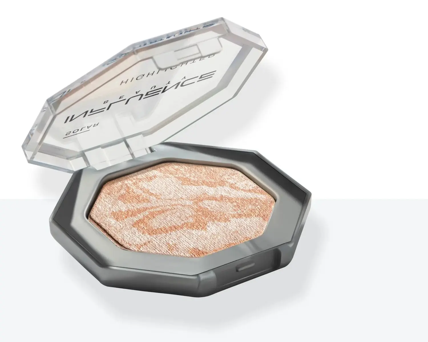 Запеченный компактный хайлайтер Influence Beauty Solaris с мраморной текстурой типа мозаики в золотистых оттенках, разработанный для теплого, естественного и интенсивного эффекта на скулах. 